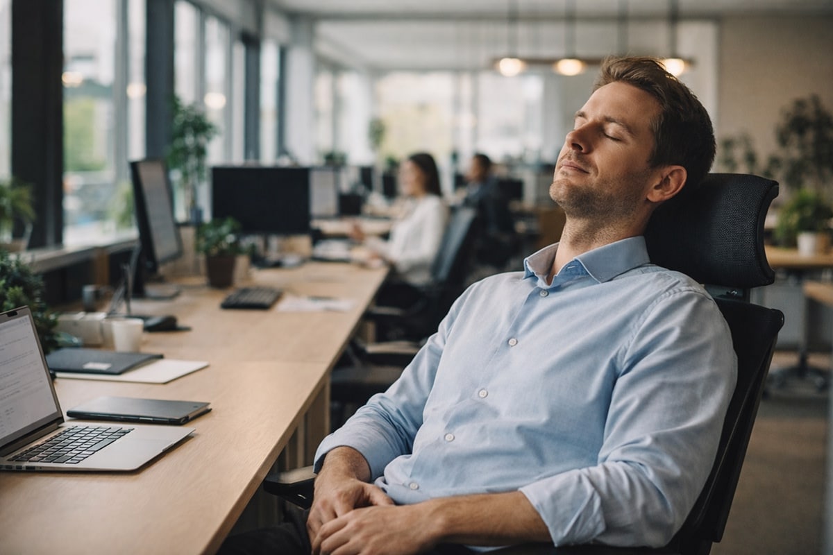 Personne détendue en entreprise à Lyon, prenant un moment de pause pour relâcher le stress au travail dans un open space lumineux