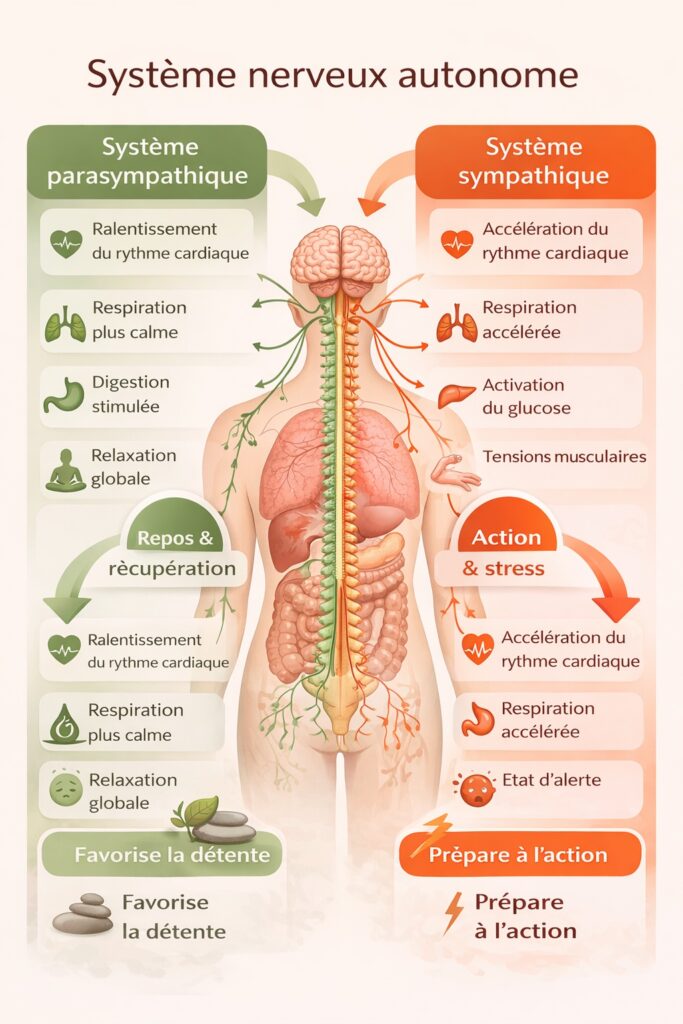 Schéma du système nerveux autonome montrant la différence entre le système sympathique (action et stress) et le système parasympathique (repos et récupération)