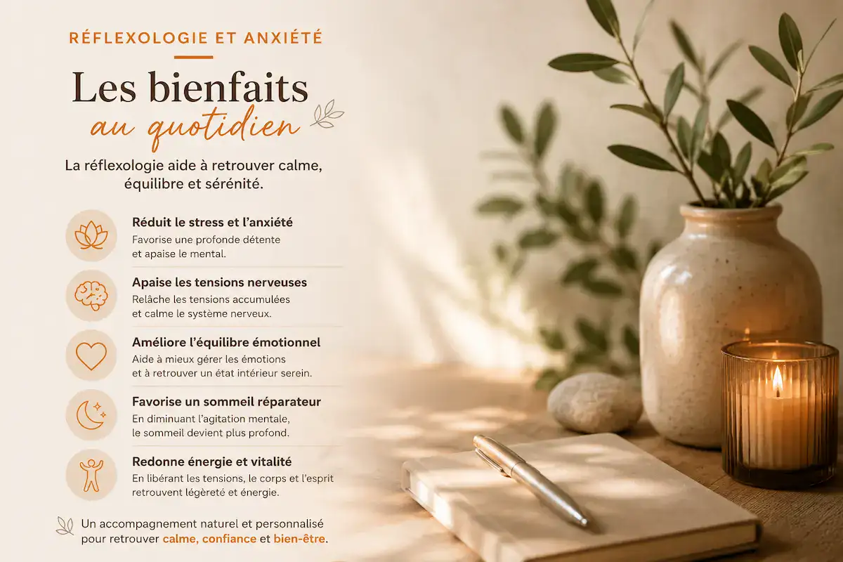 Infographie illustrant les bienfaits de la réflexologie sur le stress, l’anxiété et l’équilibre émotionnel dans une ambiance douce et apaisante
