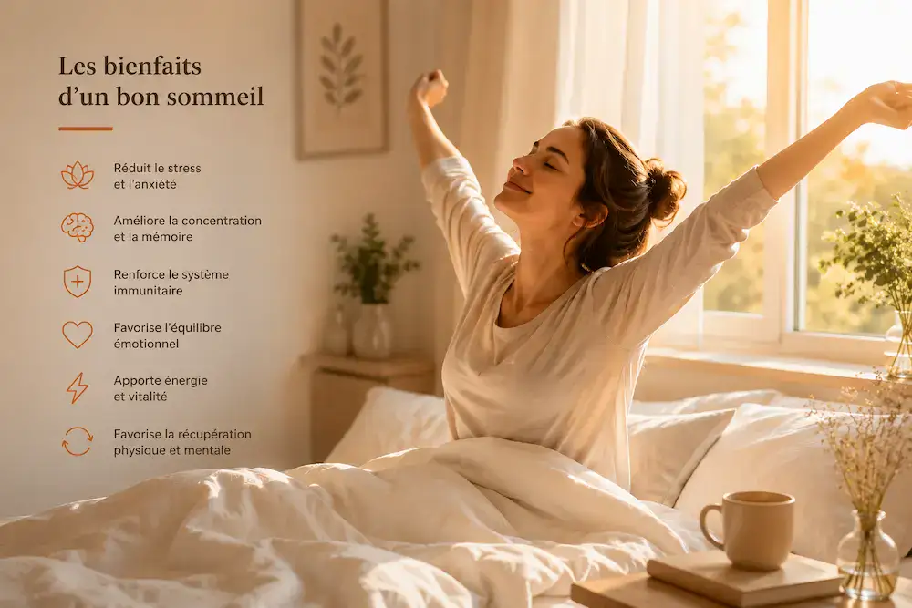 Femme reposée au réveil après une nuit de sommeil réparateur favorisé par la détente et la réflexologie