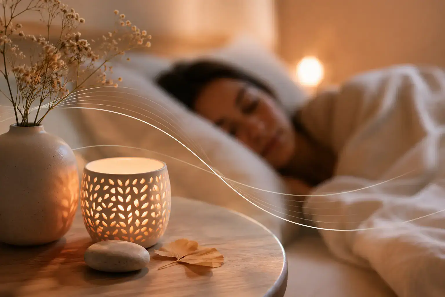 Femme endormie dans une ambiance chaleureuse et apaisante évoquant les bienfaits de la réflexologie sur le sommeil profond et la détente.