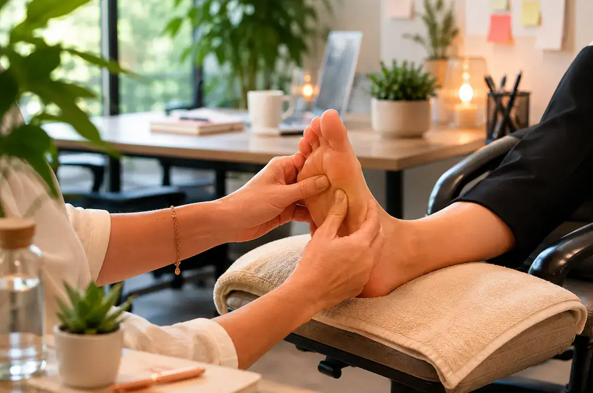 Séance de réflexologie en entreprise dans un bureau calme et professionnel à Lyon