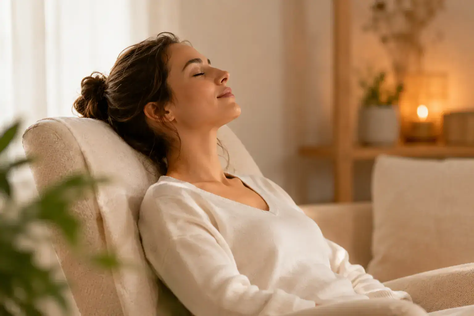 Femme détendue dans une ambiance chaleureuse et apaisante illustrant les bienfaits de la réflexologie sur le stress et l’anxiété.