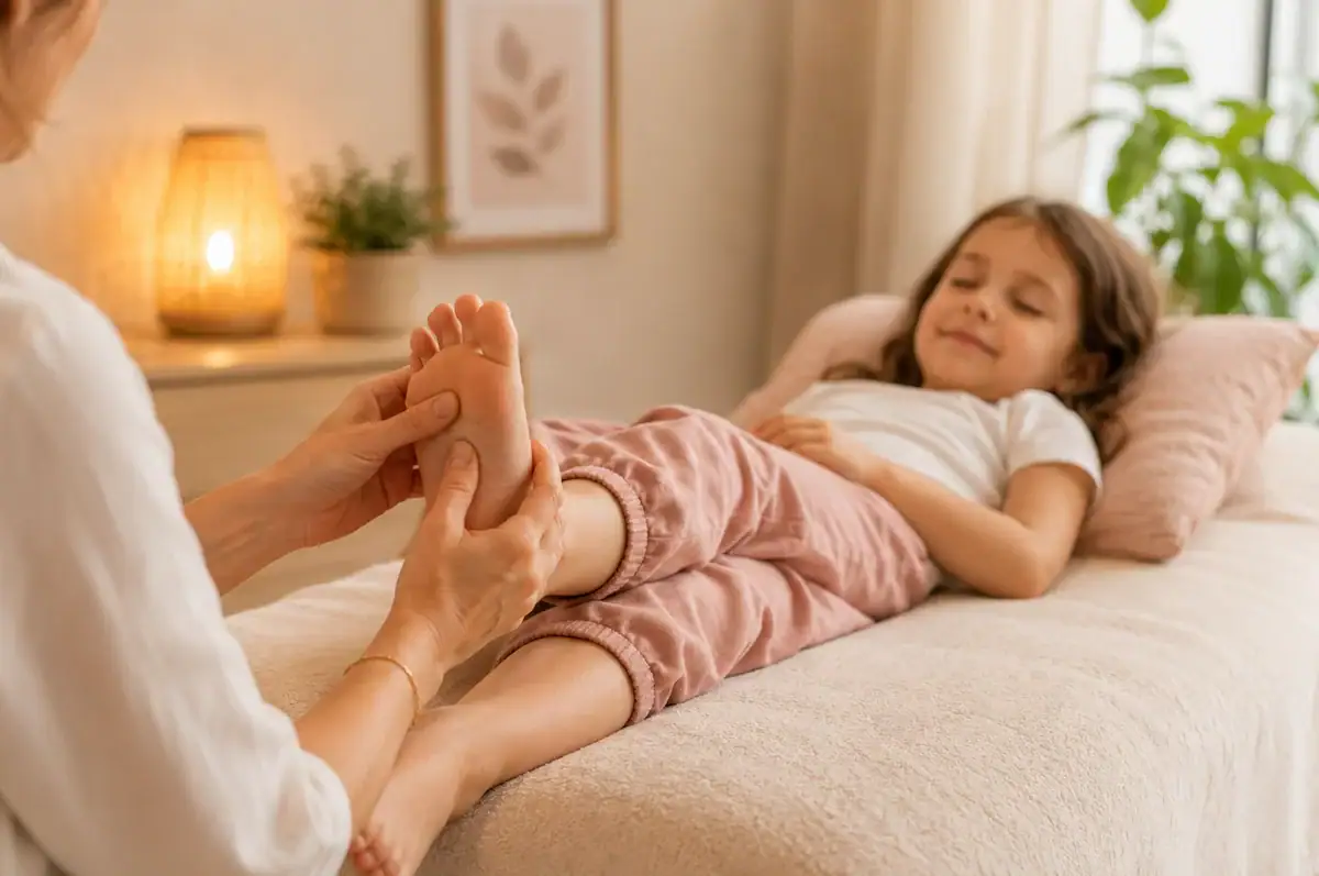 Enfant apaisé recevant une séance de réflexologie douce dans un cadre calme et rassurant