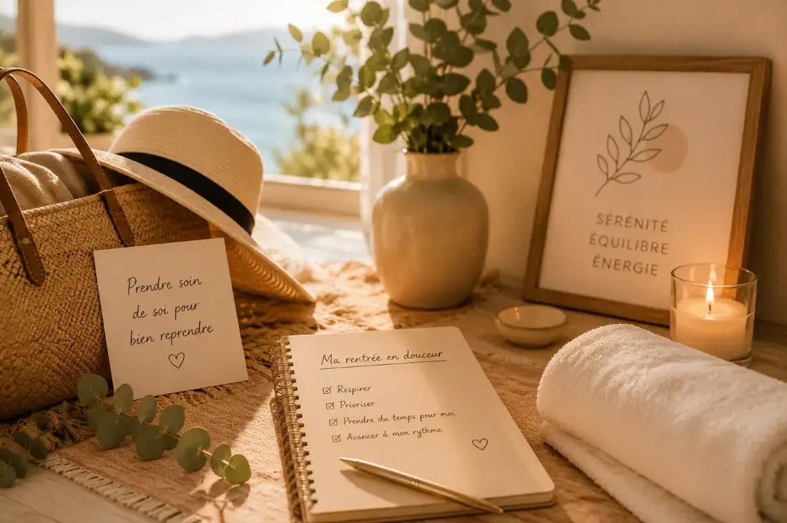 Illustration d'un retour de vacances dans une ambiance de bien-être propice à une reprise sereine