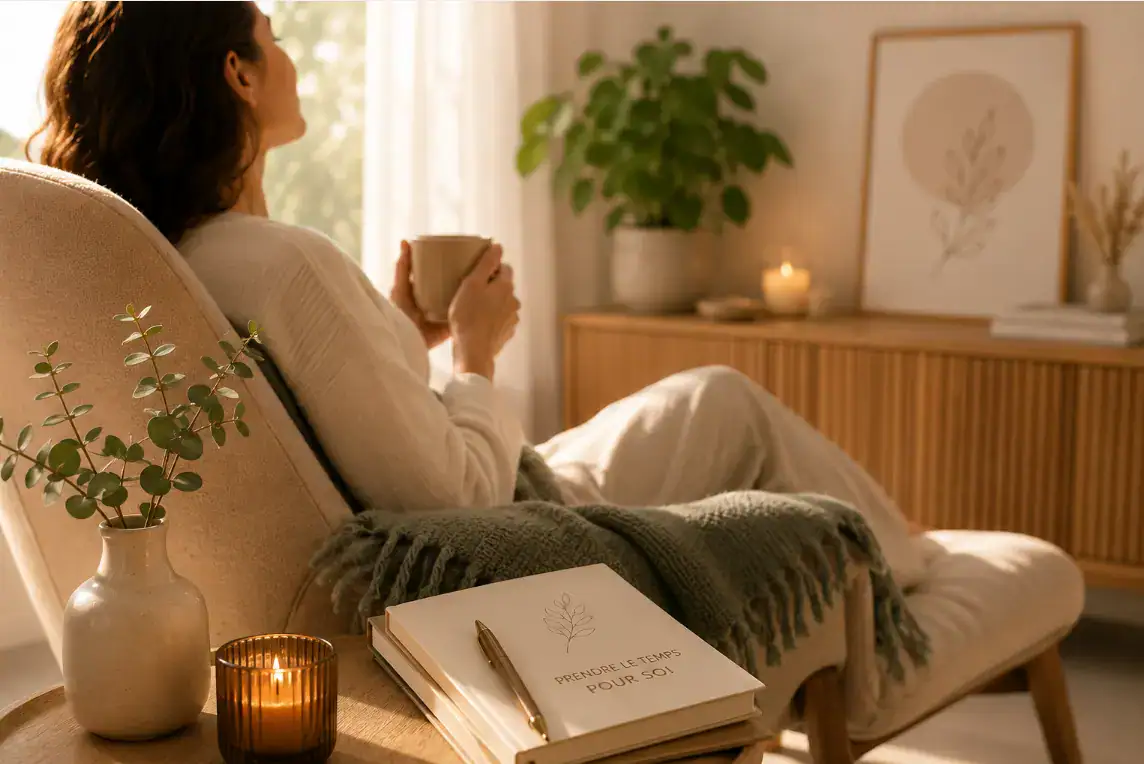 Personne se relaxant avec une tisane dans une ambiance apaisante, favorisant le bien-être et la récupération au retour de vacances