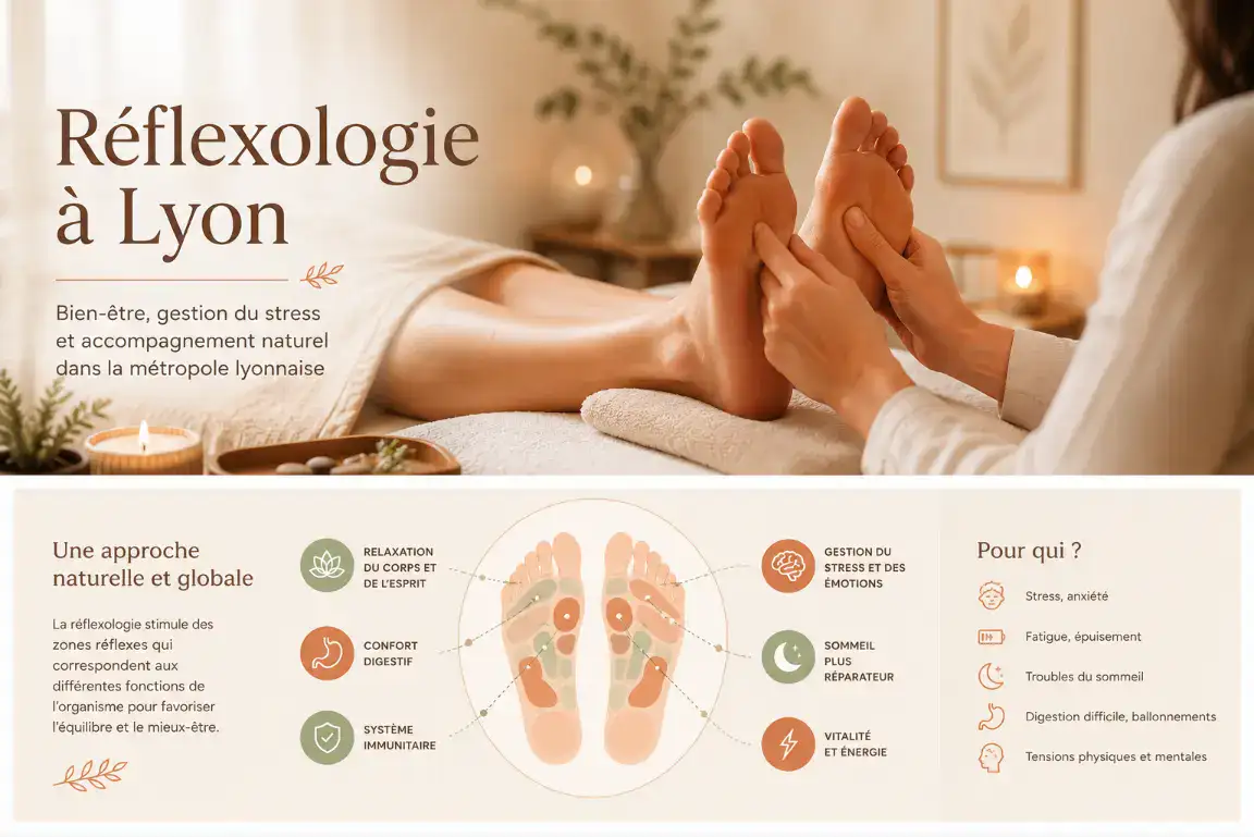 Réflexologue réalisant une séance de réflexologie plantaire dans un cabinet de bien-être à proximité de Lyon
